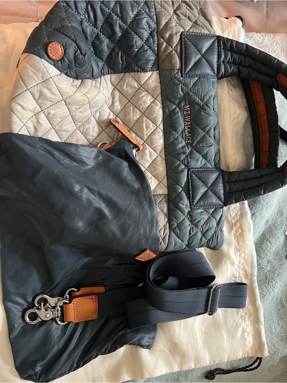 MZ Wallace Quilted Patchwork Tote in Gray, Cream and Tan Accents - Picture 4 of 4